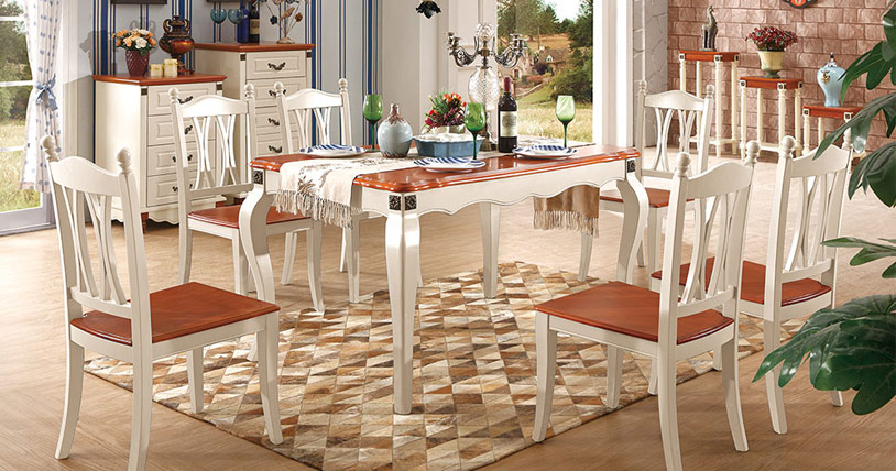 MEDITERRANEAN STYLE ROUND CORNER SOLID WOOD DINING TABLE & CHAIRS-(CTY